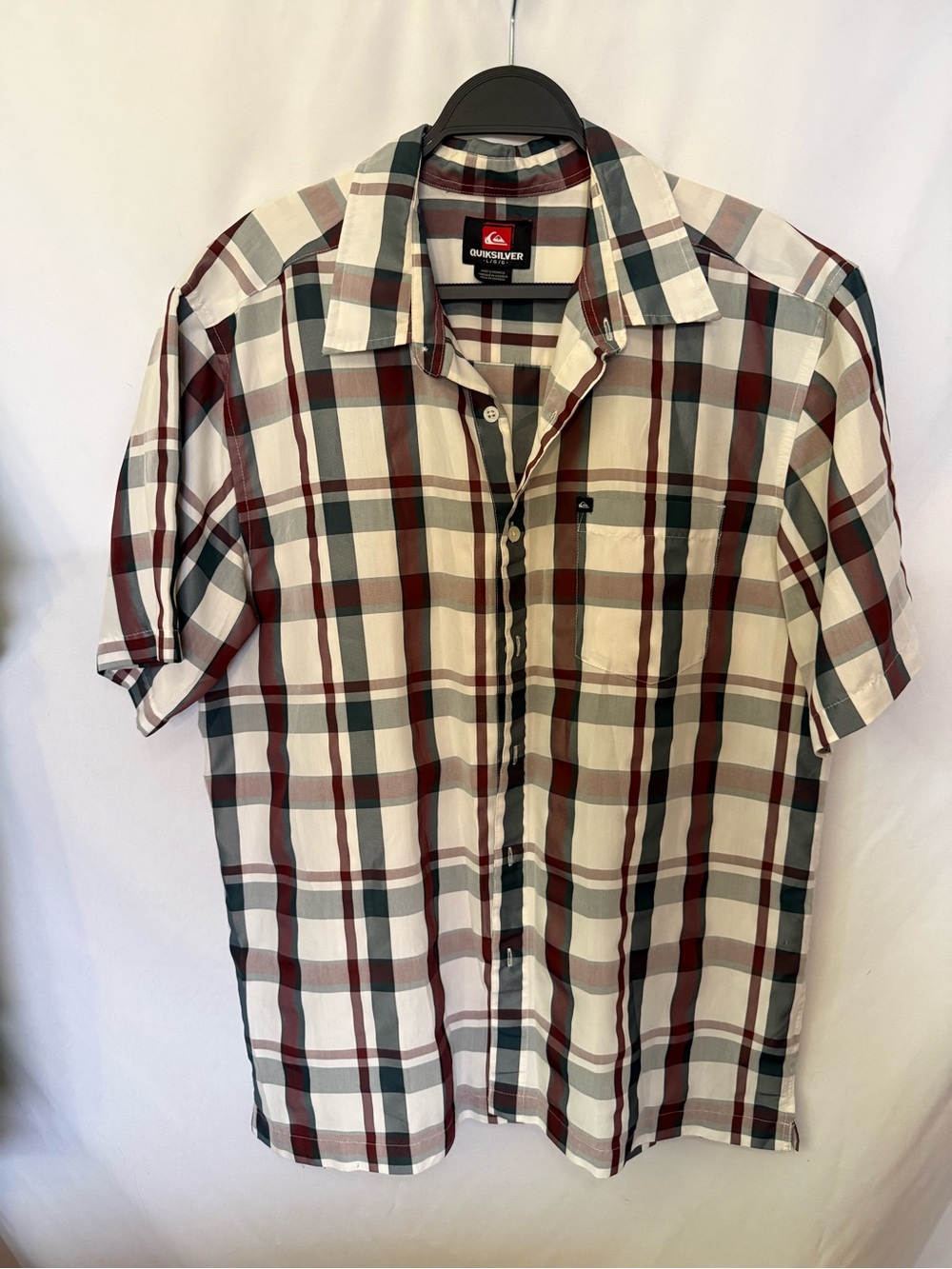 Quiksilver Short-Sleeve Plaid Button-Down Shirt in Red, White, and Gray